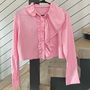 Small SHEIN Pink Cropped Blouse with Ruffles - NWOT